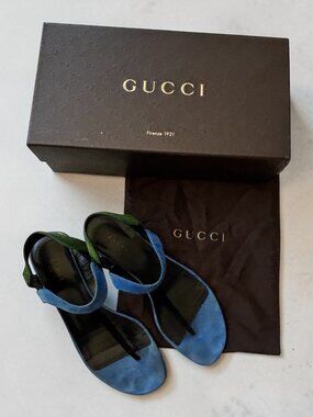 Gucci Blue Suede Ankle Strap Sandals with Green Heel